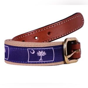 South Carolina Flag Crest Leather Canvas Brass Blue Logo Belt 34”-37 1/2” Unisex